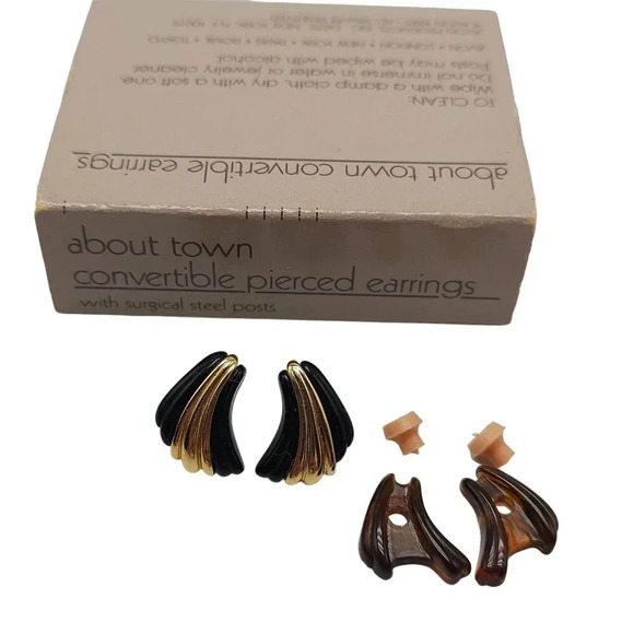 Avon 1985 About Town Convertible Earrings Brown Faux Tortoise Black Lucite Stud - Picture 1 of 5